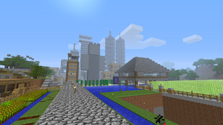 Indev's skyline from Rubydung Road, a reclamation project site (left to right, back to front: moxxegameng's house, OpticallyTru's house, TRAIN bldg., moxxegameng statue, Cultural Towers, impalolovefaso's house)